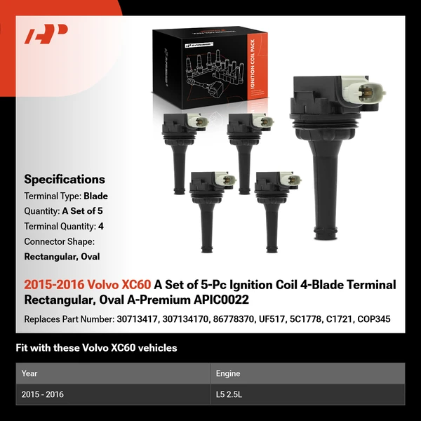 2015-2016 Volvo XC60 A Set of 5-Pc Ignition Coil 4-Blade Terminal Rectangular, Oval A-Premium APIC0022