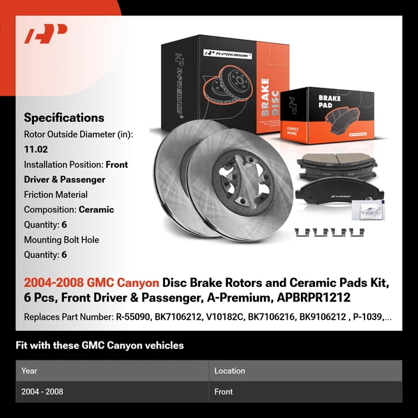 2004-2008 GMC Canyon Disc Brake Rotors and Ceramic Pads Kit, 6 Pcs, Front Driver & Passenger, A-Premium, APBRPR1212