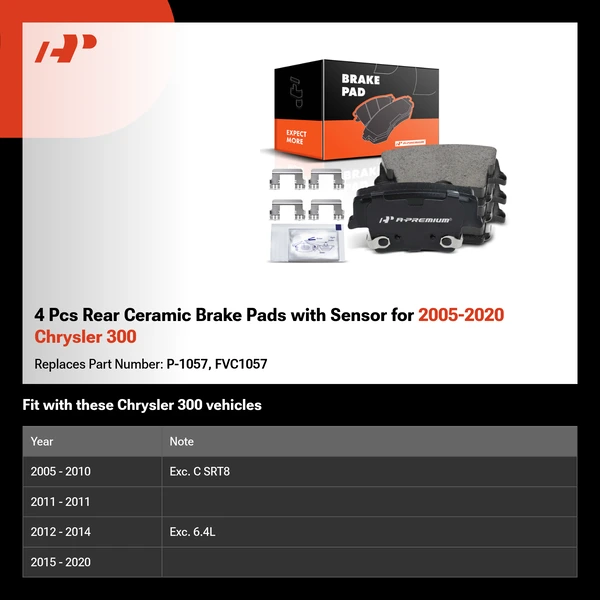 4 Pcs Rear Ceramic Brake Pads with Sensor for 2005-2020 Chrysler 300