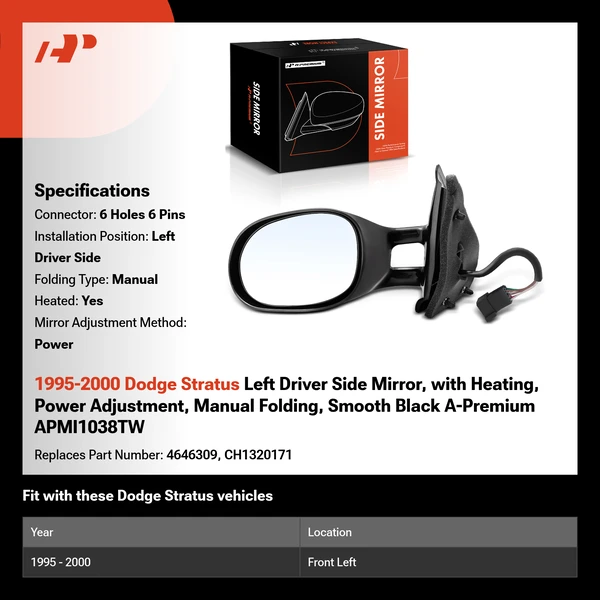 1995-2000 Dodge Stratus Left Driver Side Mirror, with Heating, Power Adjustment, Manual Folding, Smooth Black A-Premium APMI1038TW