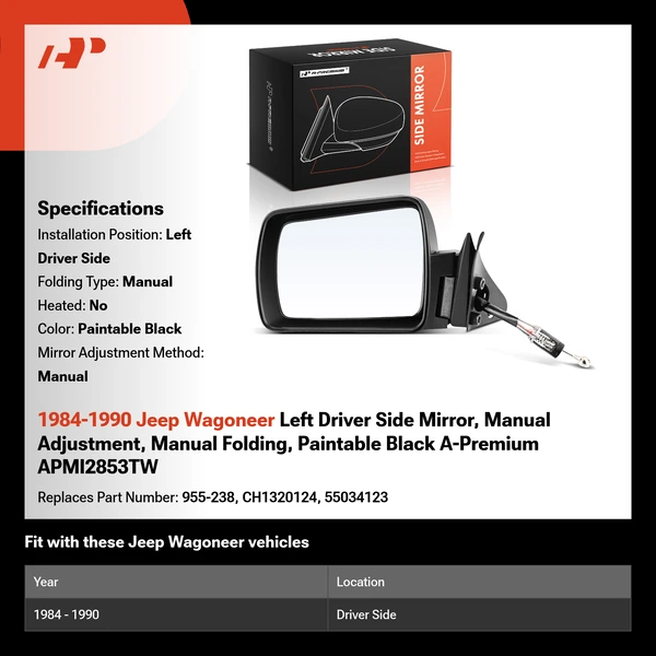 1984-1990 Jeep Wagoneer Left Driver Side Mirror, Manual Adjustment, Manual Folding, Paintable Black A-Premium APMI2853TW