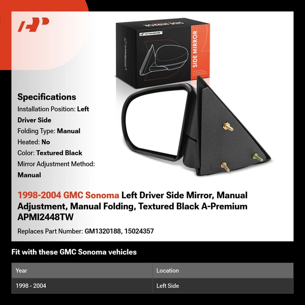 1998-2004 GMC Sonoma Left Driver Side Mirror, Manual Adjustment, Manual Folding, Textured Black A-Premium APMI2448TW