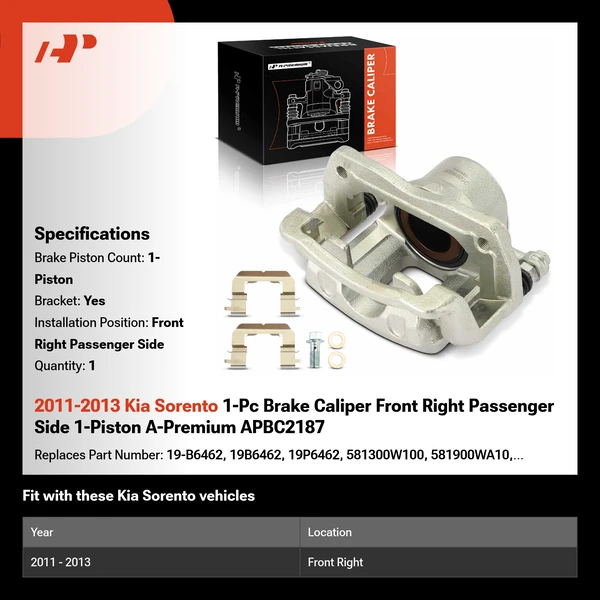 2011-2013 Kia Sorento 1-Pc Brake Caliper Front Right Passenger Side 1-Piston A-Premium APBC2187