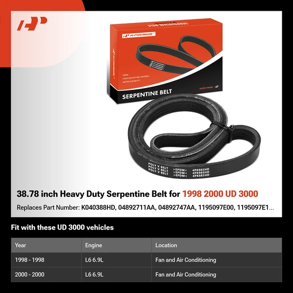 38.78 inch Heavy Duty Serpentine Belt for 1998 2000 UD 3000