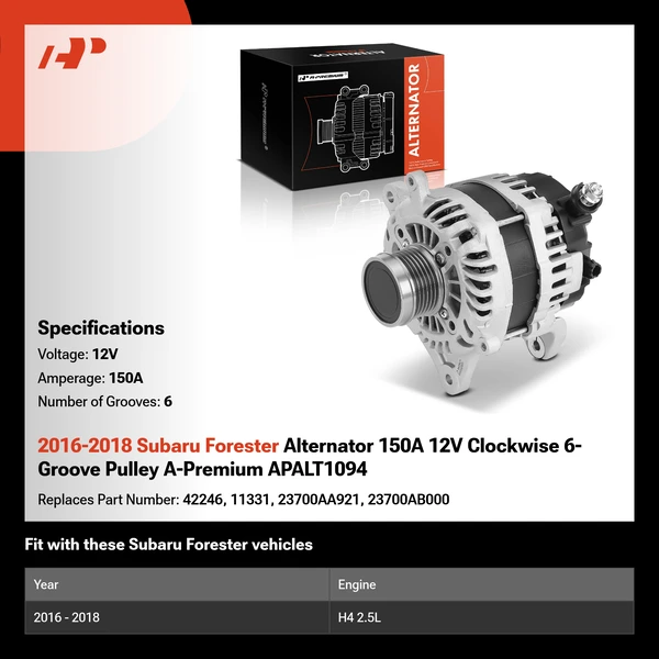 2016-2018 Subaru Forester Alternator 150A 12V Clockwise 6-Groove Pulley A-Premium APALT1094