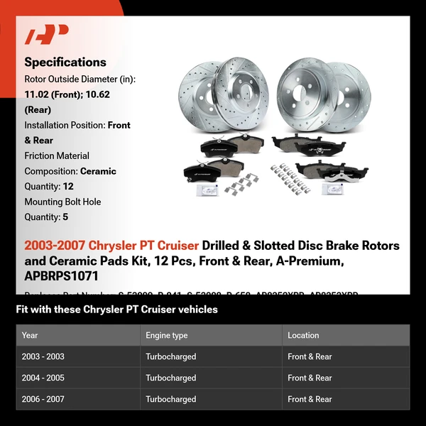 2003-2007 Chrysler PT Cruiser Drilled & Slotted Disc Brake Rotors and Ceramic Pads Kit, 12 Pcs, Front & Rear, A-Premium, APBRPS1071