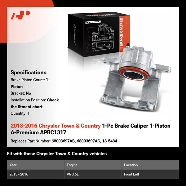 2013-2016 Chrysler Town & Country 1-Pc Brake Caliper 1-Piston A-Premium APBC1317