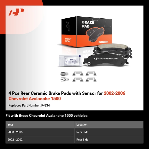 4 Pcs Rear Ceramic Brake Pads with Sensor for 2002-2006 Chevrolet Avalanche 1500