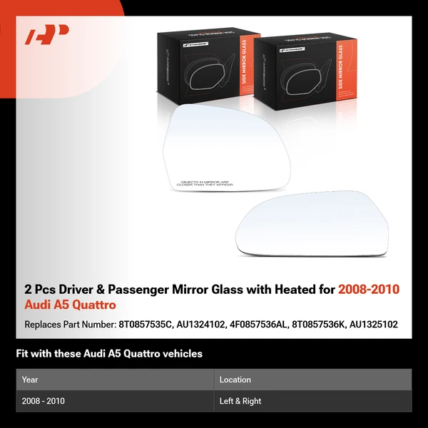 2 Pcs Driver & Passenger Mirror Glass with Heated for 2008-2010 Audi A5 Quattro