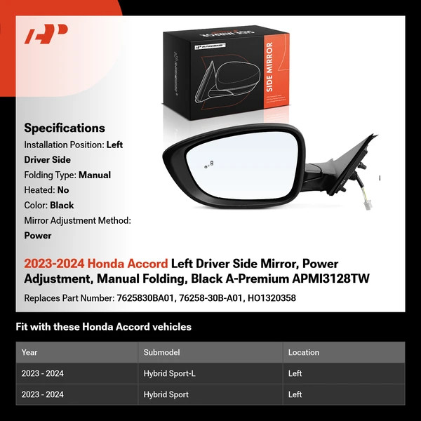 2023-2024 Honda Accord Left Driver Side Mirror, Power Adjustment, Manual Folding, Black A-Premium APMI3128TW