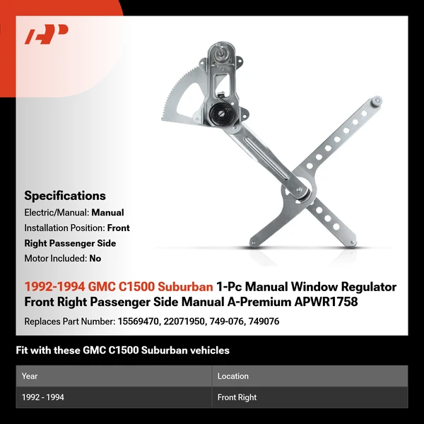 1992-1994 GMC C1500 Suburban 1-Pc Manual Window Regulator Front Right Passenger Side Manual A-Premium APWR1758