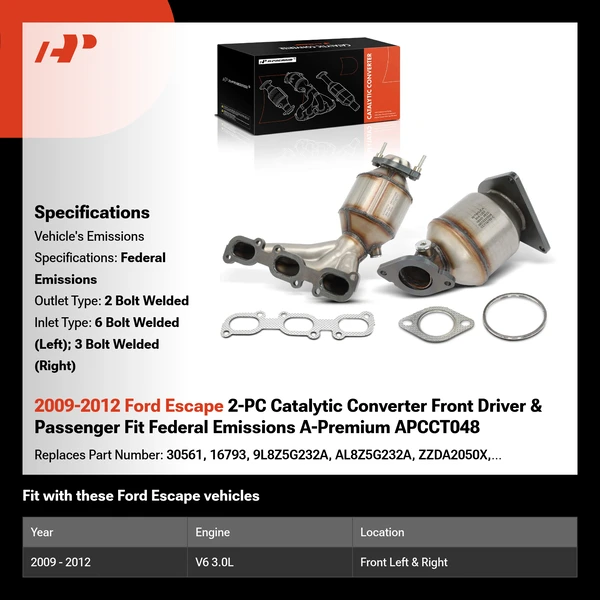 2009-2012 Ford Escape 2-PC Catalytic Converter Front Driver & Passenger Fit Federal Emissions A-Premium APCCT048