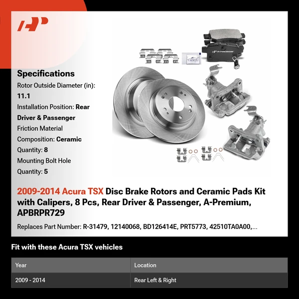2009-2014 Acura TSX Disc Brake Rotors and Ceramic Pads Kit with Calipers, 8 Pcs, Rear Driver & Passenger, A-Premium, APBRPR729
