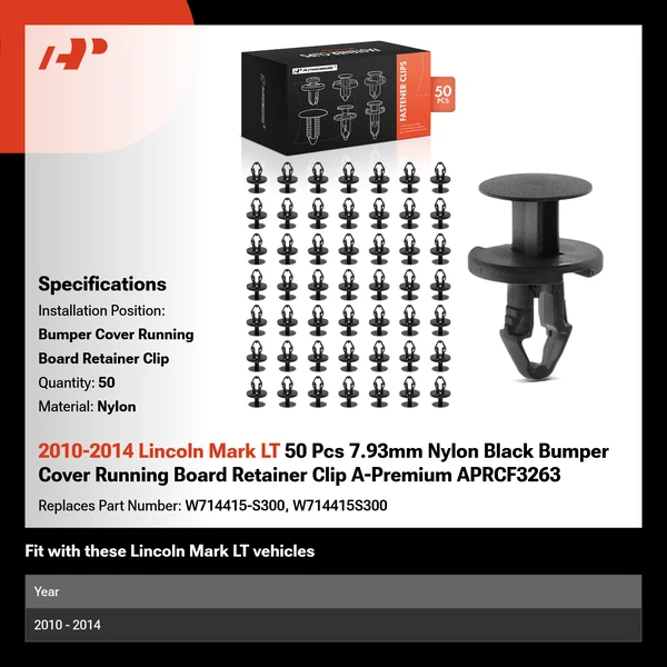 2010-2014 Lincoln Mark LT 50 Pcs 7.93mm Nylon Black Bumper Cover Running Board Retainer Clip A-Premium APRCF3263