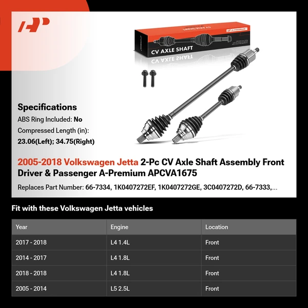 2005-2018 Volkswagen Jetta 2-Pc CV Axle Shaft Assembly Front Driver & Passenger A-Premium APCVA1675