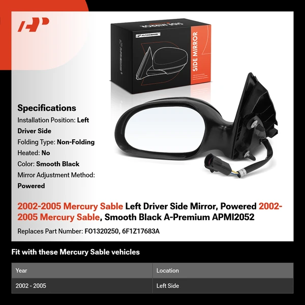 2002-2005 Mercury Sable Left Driver Side Mirror, Powered 2002-2005 Mercury Sable, Smooth Black A-Premium APMI2052