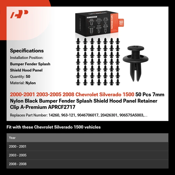 2000-2001 2003-2005 2008 Chevrolet Silverado 1500 50 Pcs 7mm Nylon Black Bumper Fender Splash Shield Hood Panel Retainer Clip A-Premium APRCF2717