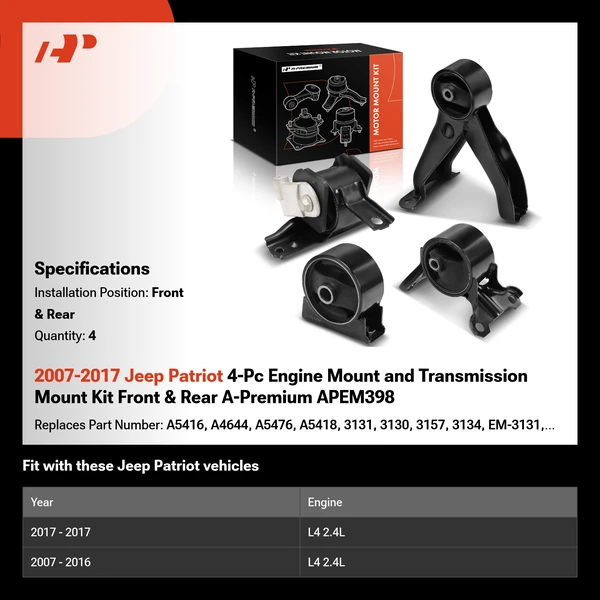 2007-2017 Jeep Patriot 4-Pc Engine Mount and Transmission Mount Kit Front & Rear A-Premium APEM398