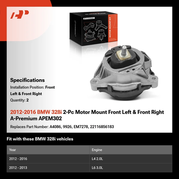 2012-2016 BMW 328i 2-Pc Motor Mount Front Left & Front Right A-Premium APEM302