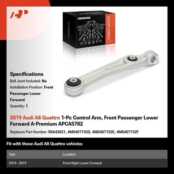 2019 Audi A8 Quattro 1-Pc Control Arm, Front Passenger Lower Forward A-Premium APCA5782
