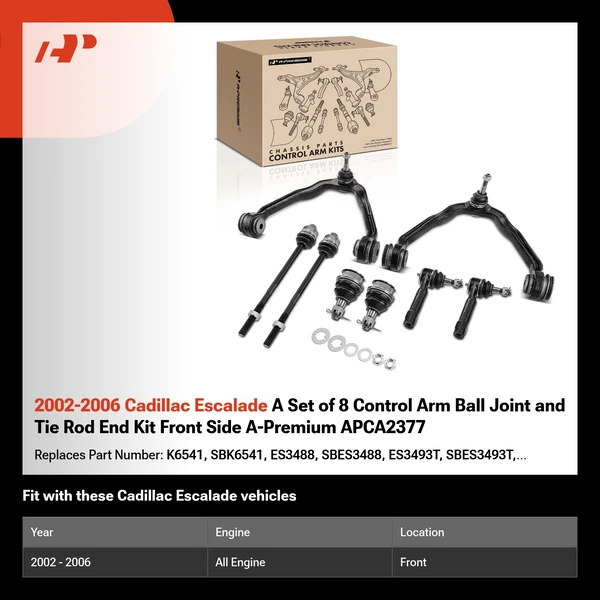 2002-2006 Cadillac Escalade A Set of 8 Control Arm Ball Joint and Tie Rod End Kit Front Side A-Premium APCA2377