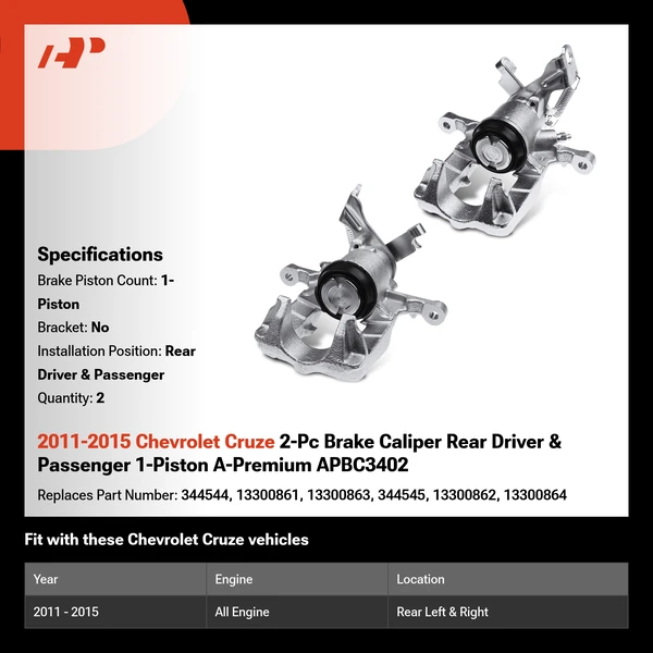 2011-2015 Chevrolet Cruze 2-Pc Brake Caliper Rear Driver & Passenger 1-Piston A-Premium APBC3402