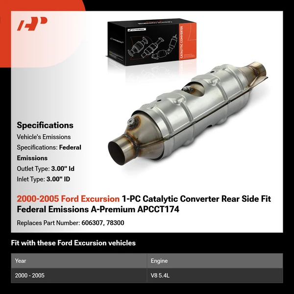 2000-2005 Ford Excursion 1-PC Catalytic Converter Rear Side Fit Federal Emissions A-Premium APCCT174