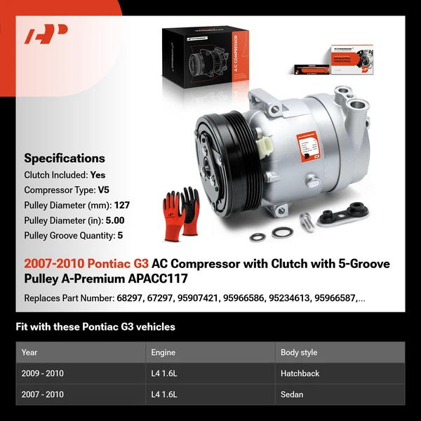 2007-2010 Pontiac G3 AC Compressor with Clutch with 5-Groove Pulley A-Premium APACC117