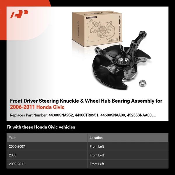 Front Driver Steering Knuckle & Wheel Hub Bearing Assembly for 2006-2011 Honda Civic