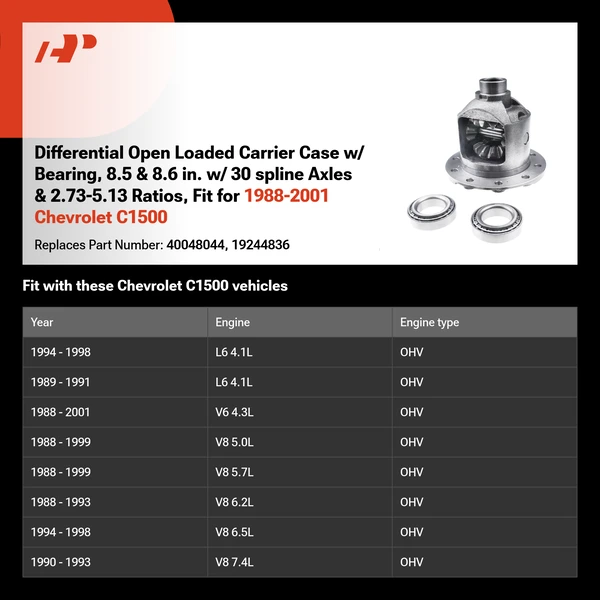 Differential Open Loaded Carrier Case w/ Bearing, 8.5 & 8.6 in. w/ 30 spline Axles & 2.73-5.13 Ratios, Fit for 1988-2001 Chevrolet C1500