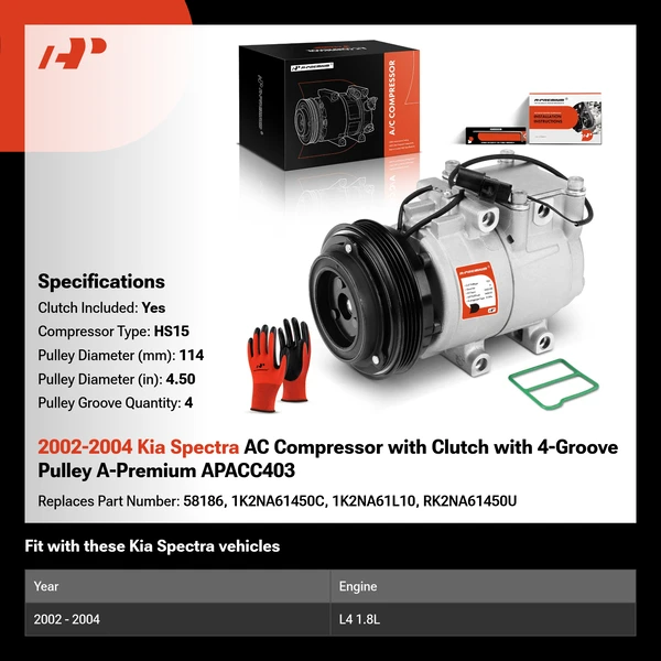 2002-2004 Kia Spectra AC Compressor with Clutch with 4-Groove Pulley A-Premium APACC403