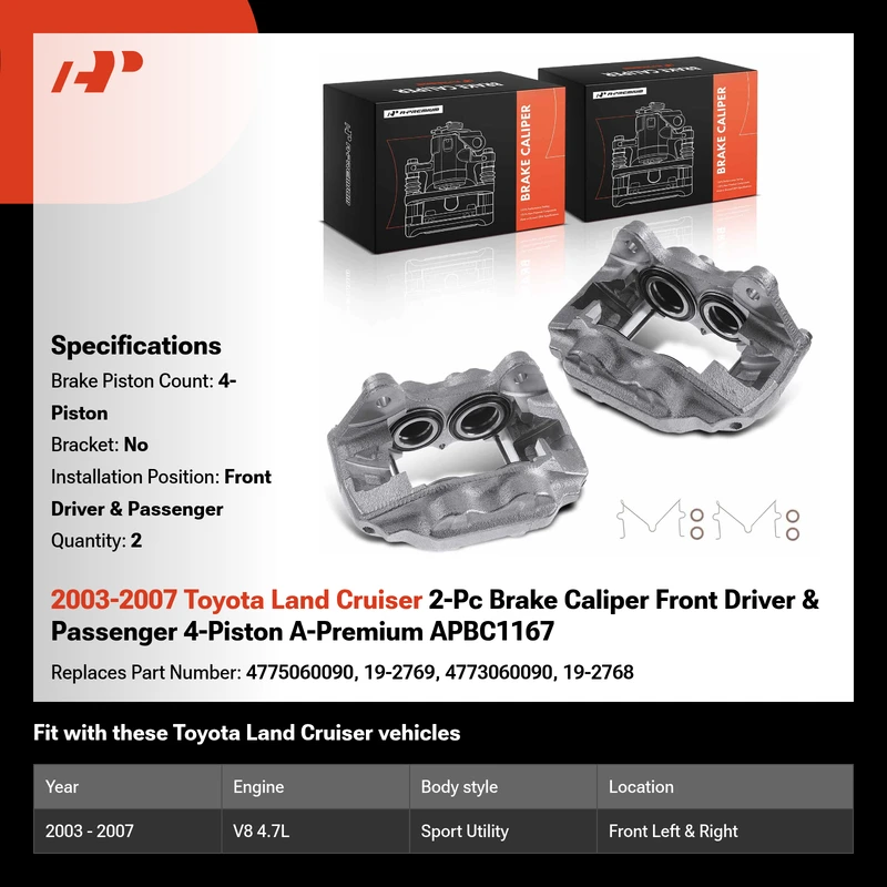 2003-2007 Toyota Land Cruiser 2-Pc Brake Caliper Front Driver & Passenger 4-Piston A-Premium APBC1167