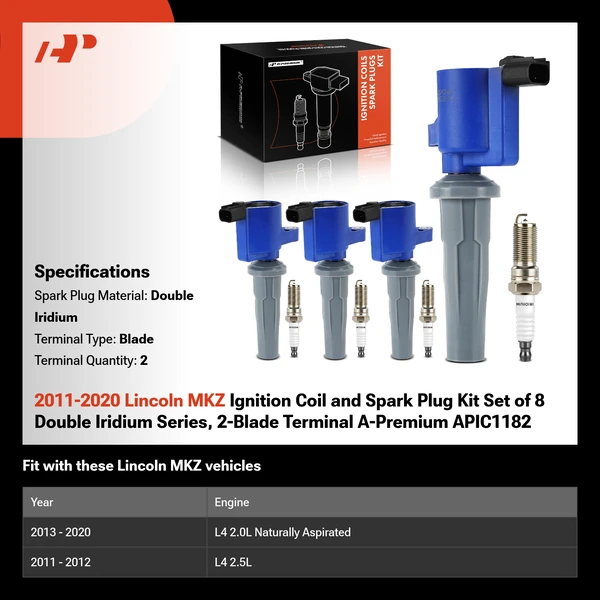 2011-2020 Lincoln MKZ Ignition Coil and Spark Plug Kit Set of 8 Double Iridium Series, 2-Blade Terminal A-Premium APIC1182