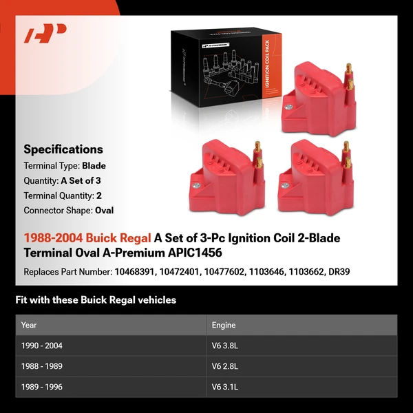 1988-2004 Buick Regal A Set of 3-Pc Ignition Coil 2-Blade Terminal Oval A-Premium APIC1456