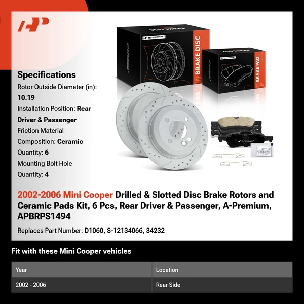 2002-2006 Mini Cooper Drilled & Slotted Disc Brake Rotors and Ceramic Pads Kit, 6 Pcs, Rear Driver & Passenger, A-Premium, APBRPS1494