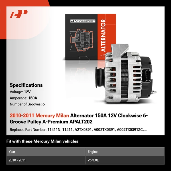 2010-2011 Mercury Milan Alternator 150A 12V Clockwise 6-Groove Pulley A-Premium APALT202