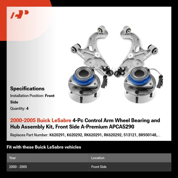 2000-2005 Buick LeSabre 4-Pc Control Arm Wheel Bearing and Hub Assembly Kit, Front Side A-Premium APCA5290