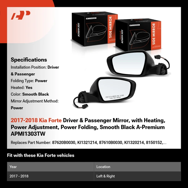 2017-2018 Kia Forte Driver & Passenger Mirror, with Heating, Power Adjustment, Power Folding, Smooth Black A-Premium APMI1303TW