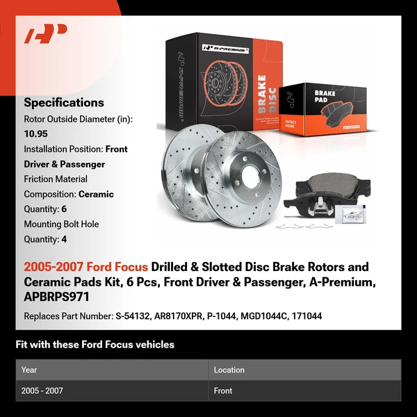 2005-2007 Ford Focus Drilled & Slotted Disc Brake Rotors and Ceramic Pads Kit, 6 Pcs, Front Driver & Passenger, A-Premium, APBRPS971