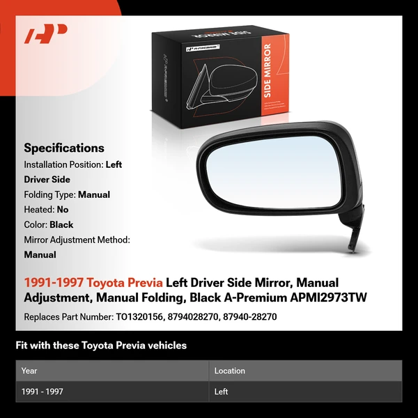 1991-1997 Toyota Previa Left Driver Side Mirror, Manual Adjustment, Manual Folding, Black A-Premium APMI2973TW