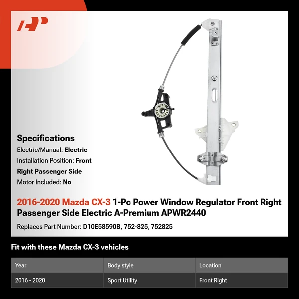 2016-2020 Mazda CX-3 1-Pc Power Window Regulator Front Right Passenger Side Electric A-Premium APWR2440