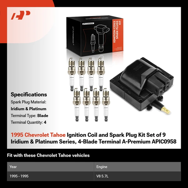 1995 Chevrolet Tahoe Ignition Coil and Spark Plug Kit Set of 9 Iridium & Platinum Series, 4-Blade Terminal A-Premium APIC0958