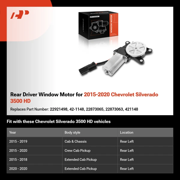 Rear Driver Window Motor for 2015-2020 Chevrolet Silverado 3500 HD