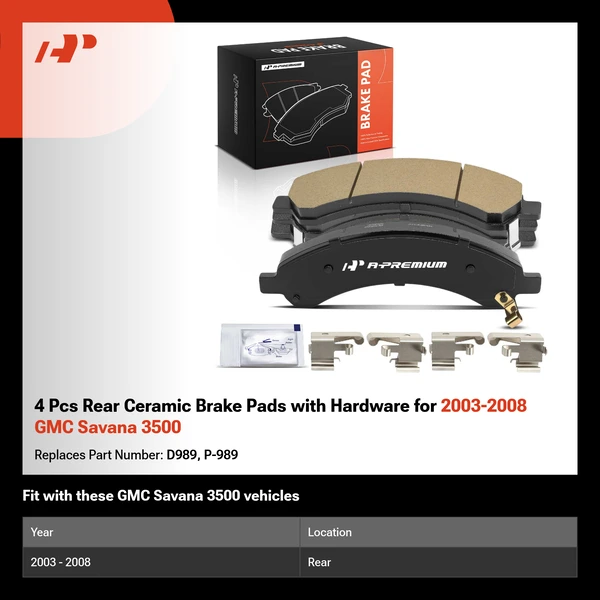 4 Pcs Rear Ceramic Brake Pads with Hardware for 2003-2008 GMC Savana 3500