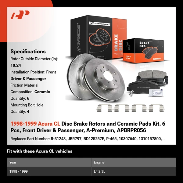 1998-1999 Acura CL Disc Brake Rotors and Ceramic Pads Kit, 6 Pcs, Front Driver & Passenger, A-Premium, APBRPR056