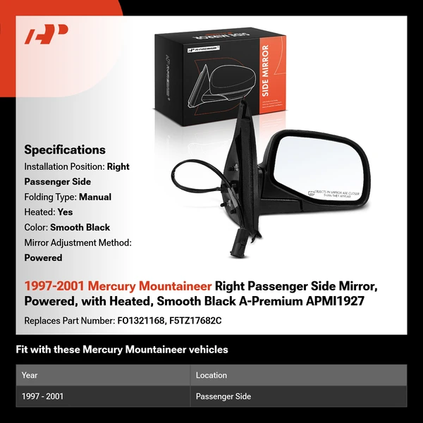 1997-2001 Mercury Mountaineer Right Passenger Side Mirror, Powered, with Heated, Smooth Black A-Premium APMI1927