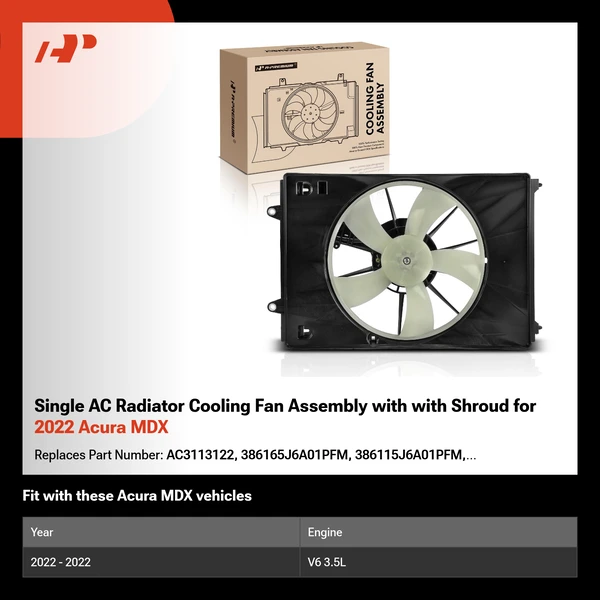Single AC Radiator Cooling Fan Assembly with with Shroud for 2022 Acura MDX