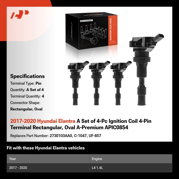 2017-2020 Hyundai Elantra A Set of 4-Pc Ignition Coil 4-Pin Terminal Rectangular, Oval A-Premium APIC0854