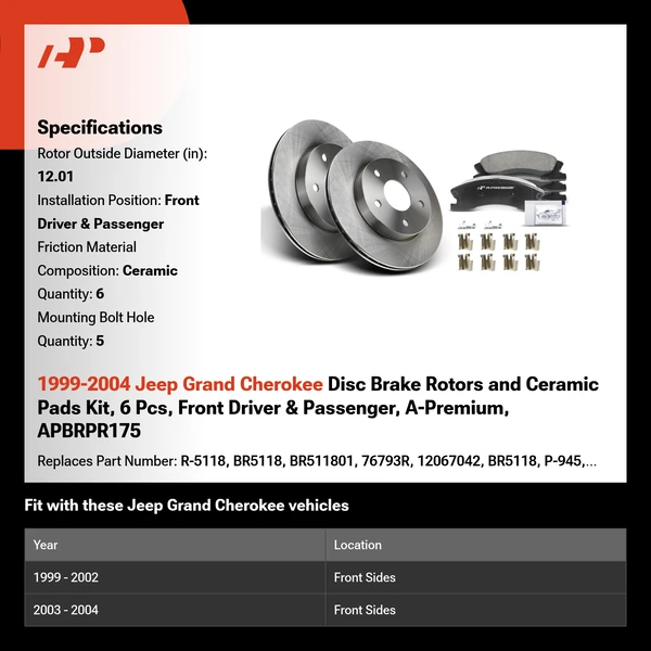 1999-2004 Jeep Grand Cherokee Disc Brake Rotors and Ceramic Pads Kit, 6 Pcs, Front Driver & Passenger, A-Premium, APBRPR175