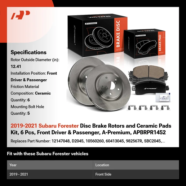 2019-2021 Subaru Forester Disc Brake Rotors and Ceramic Pads Kit, 6 Pcs, Front Driver & Passenger, A-Premium, APBRPR1452